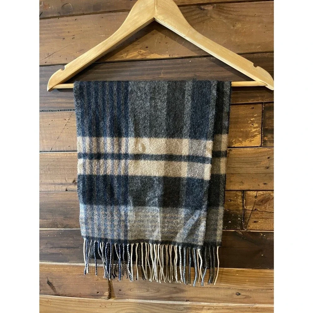 100% Cashmere Club Room‎ Plaid Scarf Black Brown Tan Fringed Soft Warm Luxury